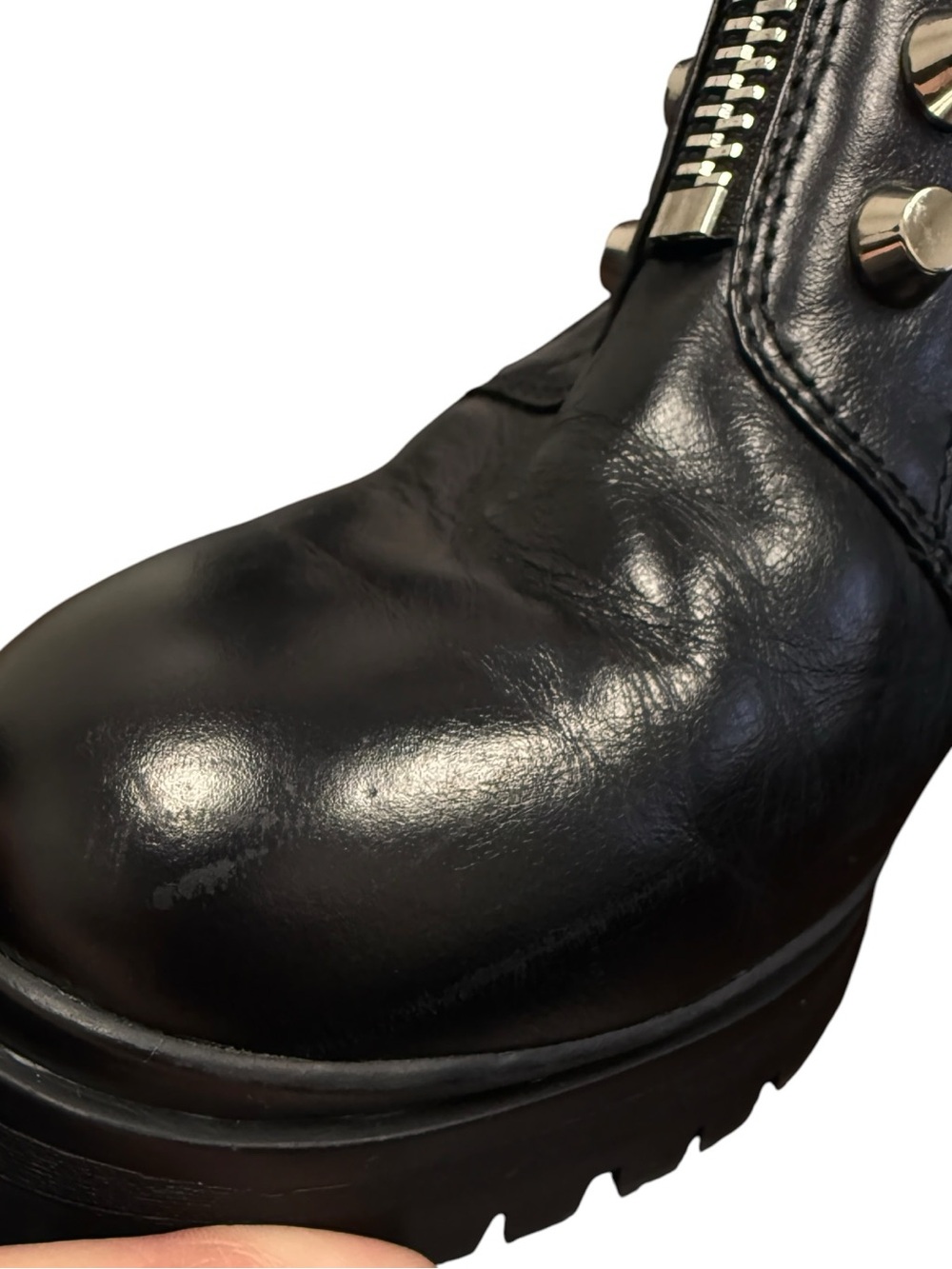 Tonette Combat Black Chunky Moto Edgy Leather Lug Sole Studded Platform Boots - Picture 16 of 17